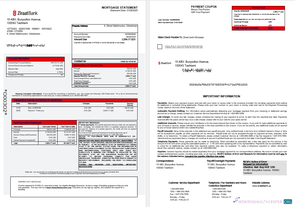 Download Uzbekistani Ziraat Bank mortgage statement in Word and PDF formats 1 2 Photoshop template